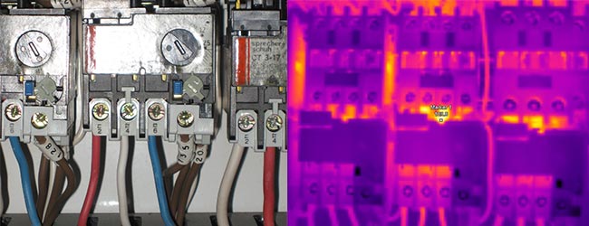 • Cable supplying Air Handling Unit rated at 75 degrees. Measured using thermal imaging camera at temp of 103 degrees (as per marker)